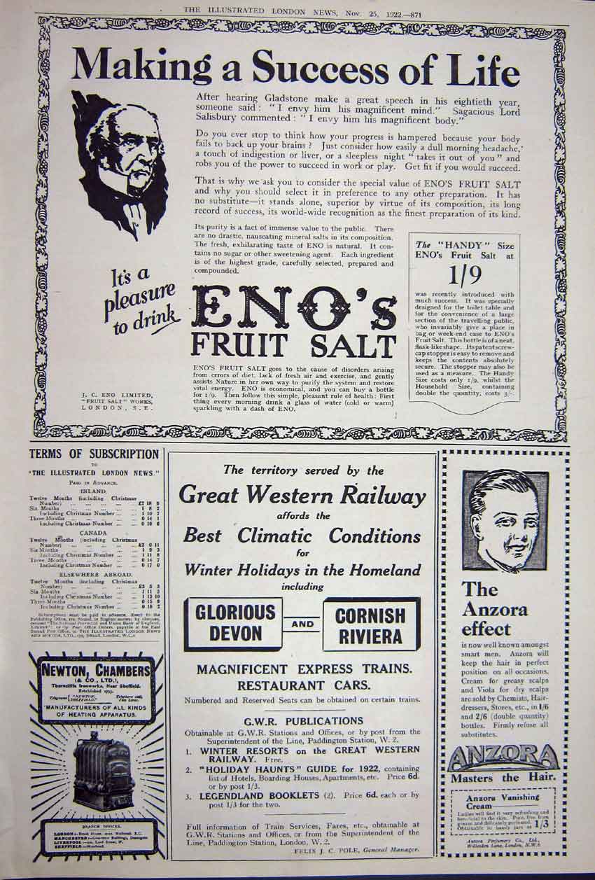 Original Old Vintage Print Advertisement 1922 Humber Cycles Benson Eno'S Salt