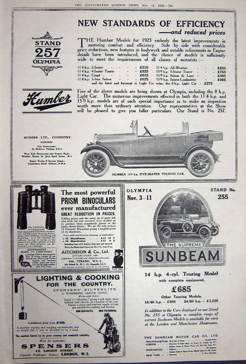 Antique Old Print Advertisement 1922 Vermouth Vaseline Car Humber Sunbeam 20th