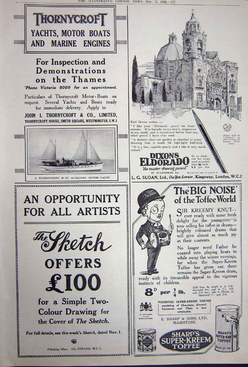 Antique Old Print Advertisement 1922 Cigarettes Ronuk Polish Toffee Yacht 20th