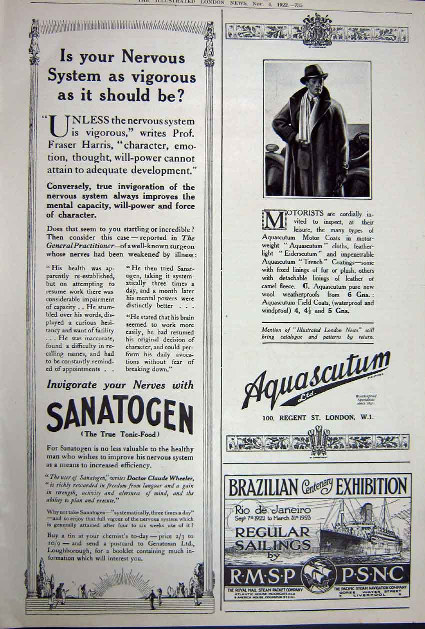 Old Vintage Print Advertisement 1922 Harrods Coats Sanatogen Aquascutum 20th