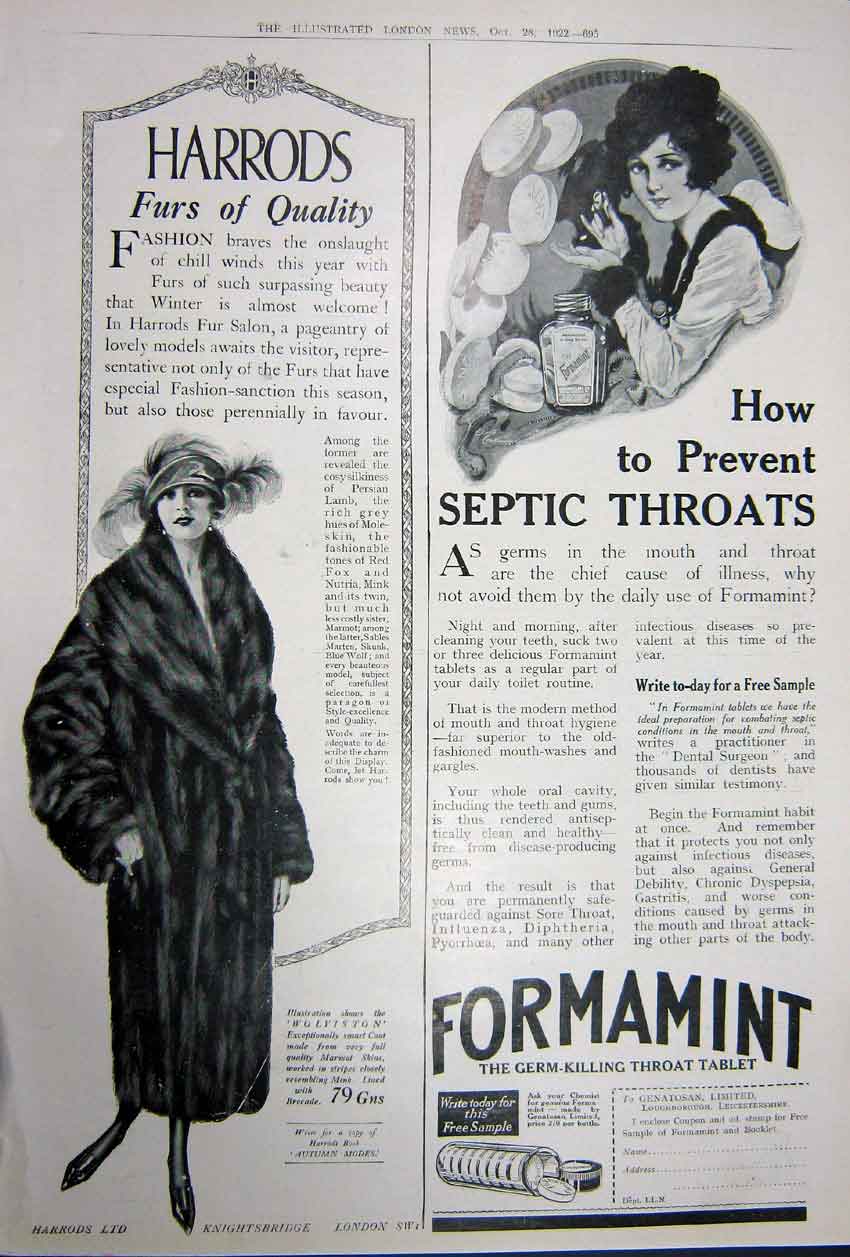 Old Vintage Print Advertisement 1922 Barometer Cassell Harrods Formamint 20th