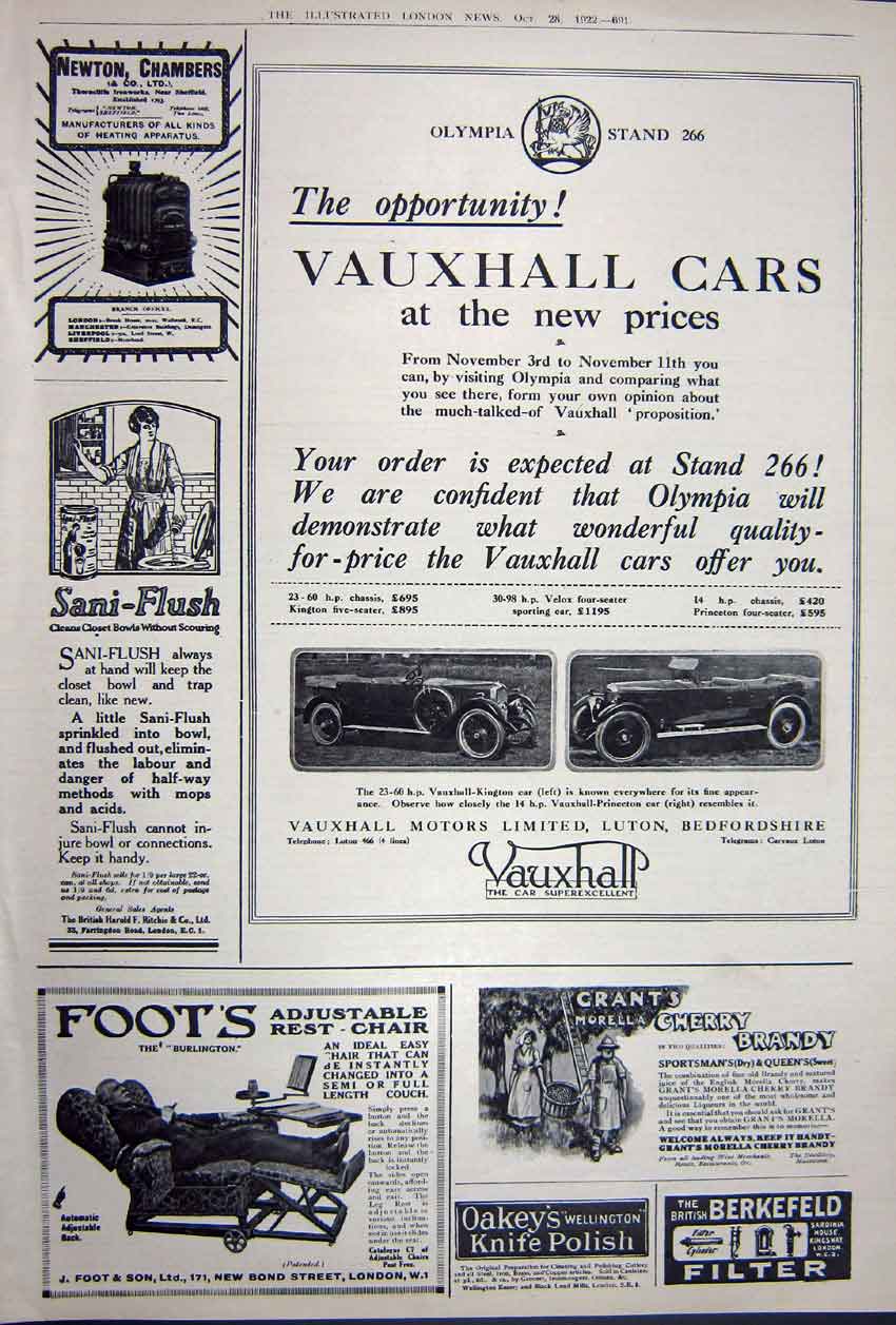 Original Old Vintage Print Advertisement 1922 Vauxhall Motor Car Brandy Polish