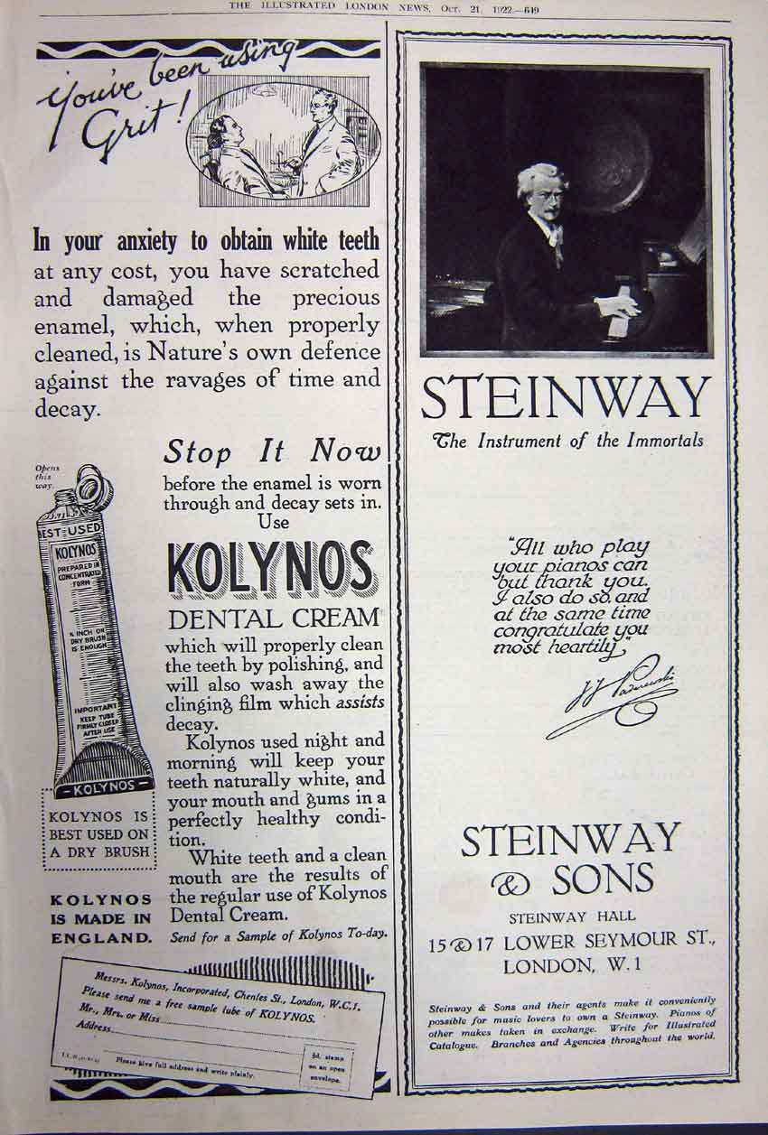 Old Vintage Print Advertisement 1922 Crossley Cars Kolynos Dental Pianos 20th
