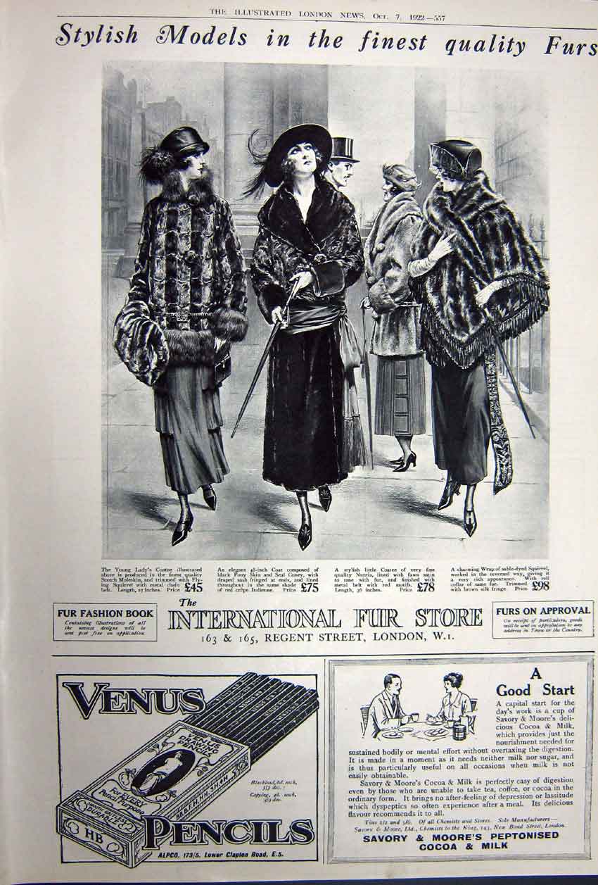 Old Vintage Print Advertisement 1922 Whisky Fur Venus Pencil Moore Cocoa 20th