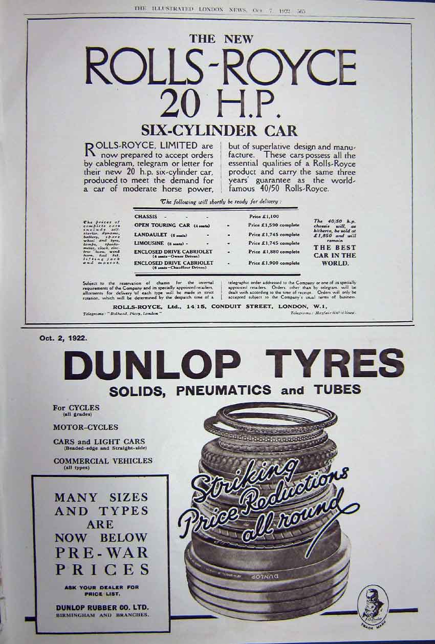 Antique Old Print Advertisement 1922 Dixons Pencil Cigarettes Dunlop Cars 20th