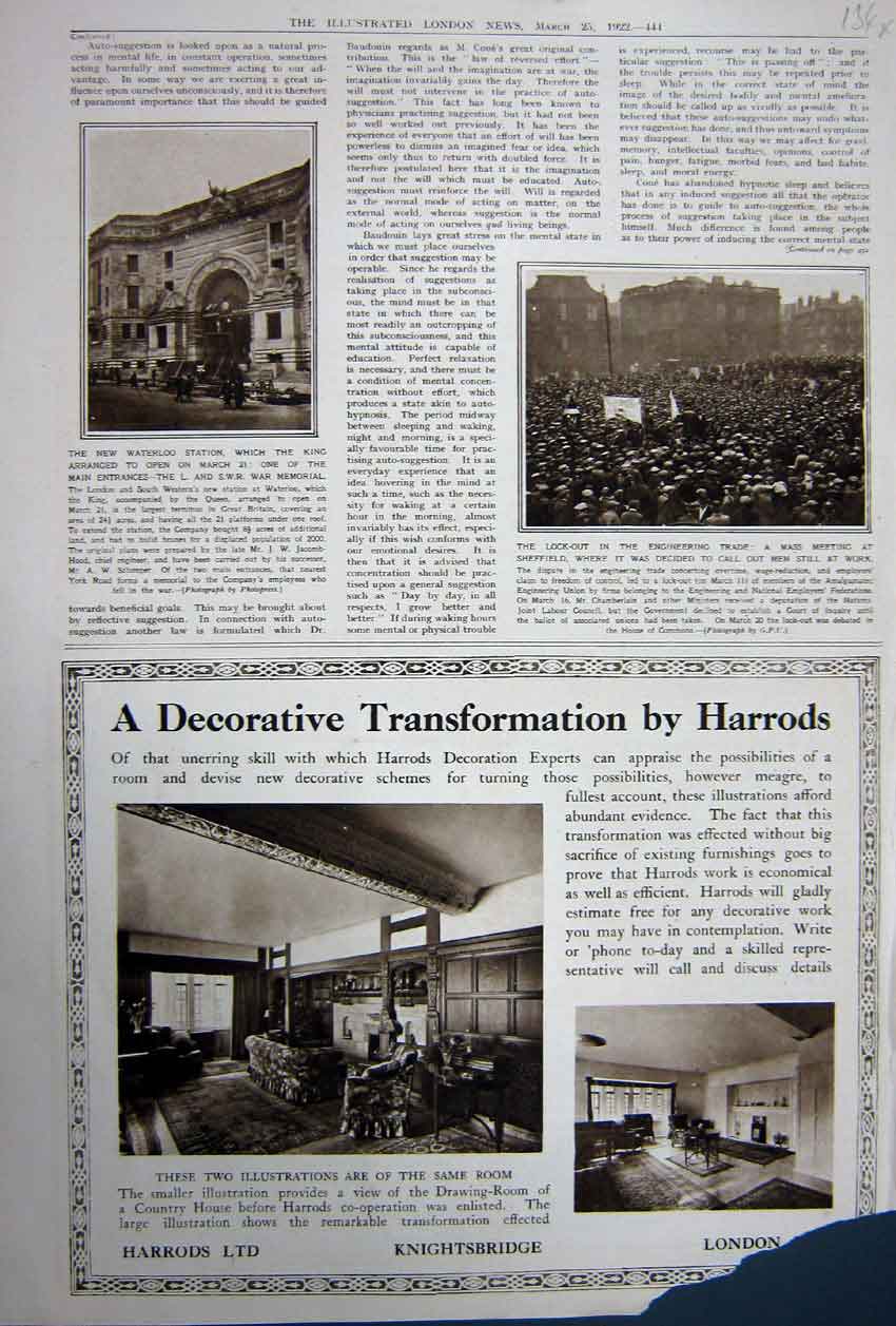 Old Vintage Print Advertisement 1922 Harrods Knightsbridge Crossley Cars 20th