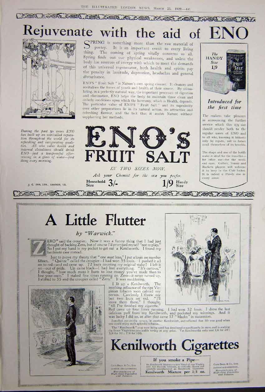Original Old Vintage Print Advertisement 1922 Gen Guinea Wine Eno'S Cigarettes