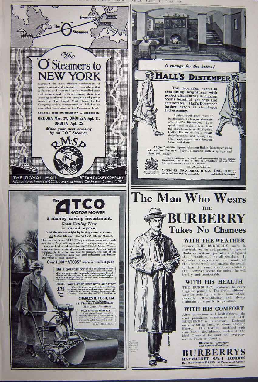 Old Vintage Print Advertisement 1922 Austin Motor Car Atco Ship Burberry 20th