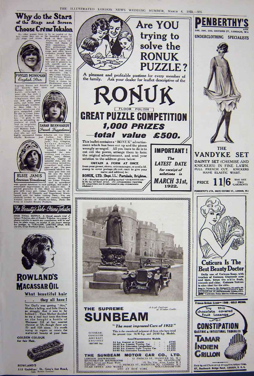 Old Vintage Print Advertisement 1922 Benz Motor Car Crossley Ronuk Oil 20th