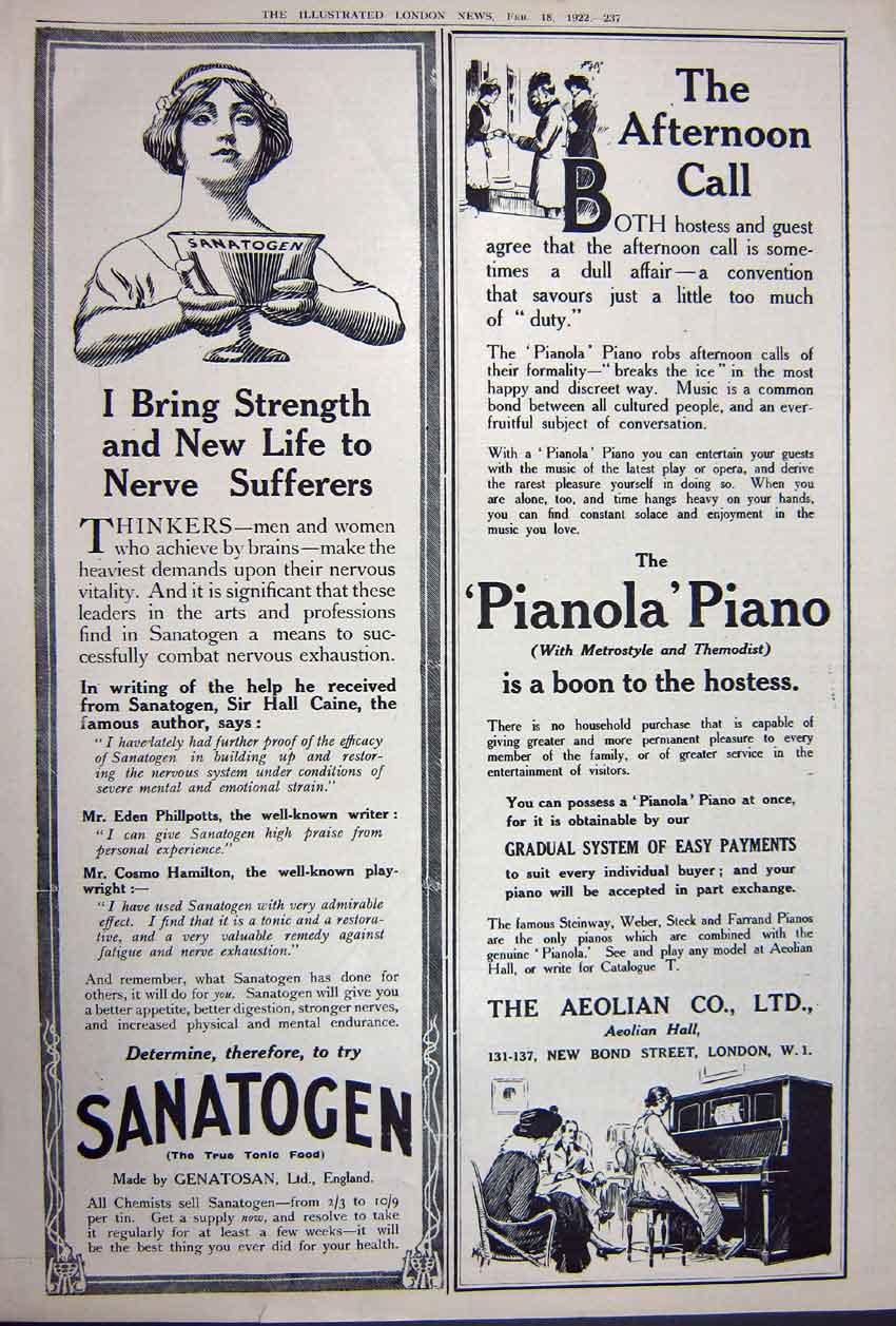 Old Vintage Print Advertisement 1922 Vauxhall Car Vichy Water Sanatogen 20th