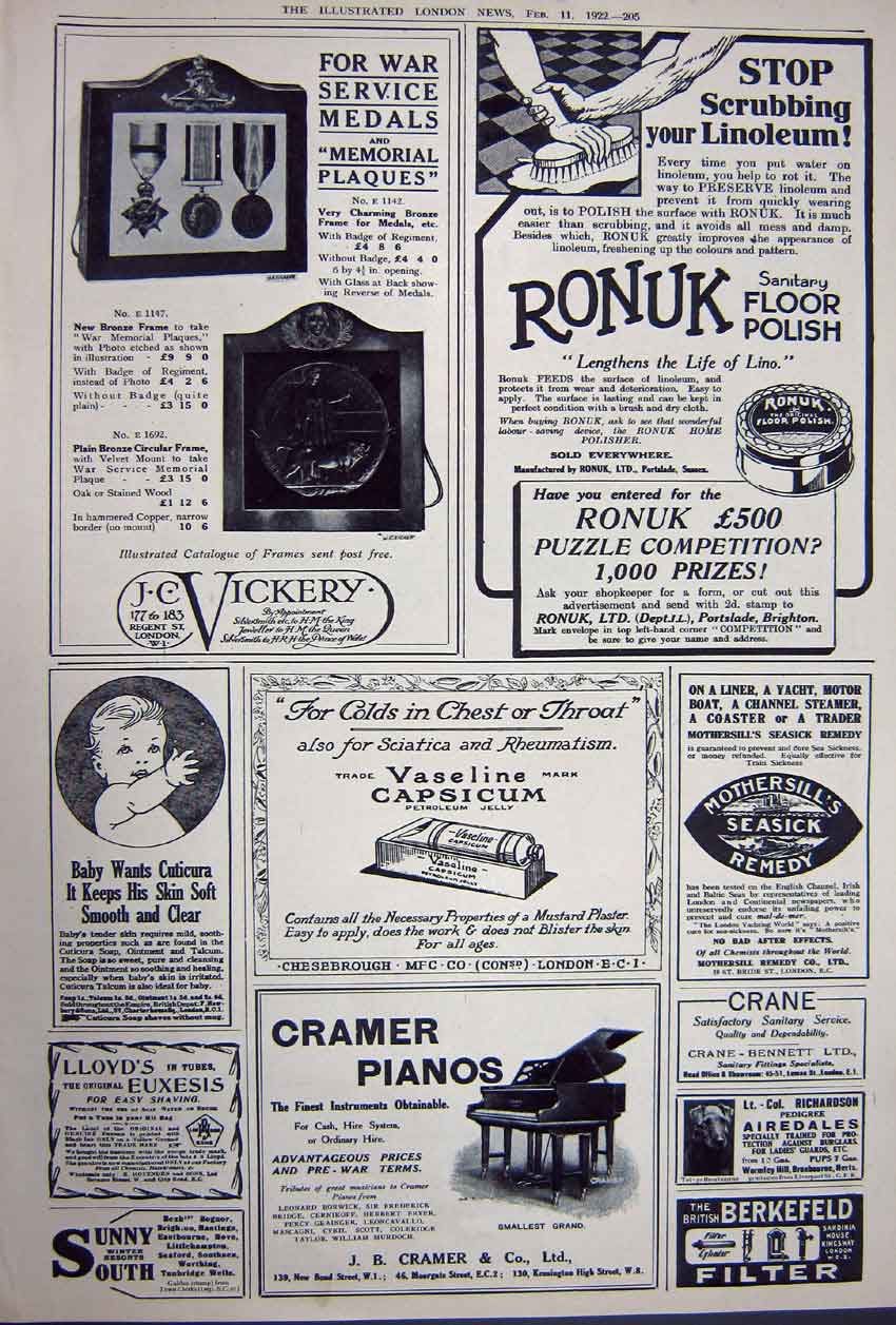 Antique Old Print Advertisement 1922 Austin Motor Car Piano Ronuk Vickery 20th