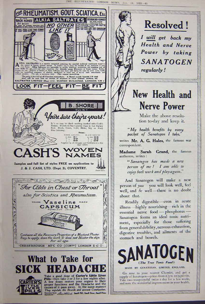 Old Vintage Print Advertisement 1922 Austin Cars Sanatogen Carters Pills 20th