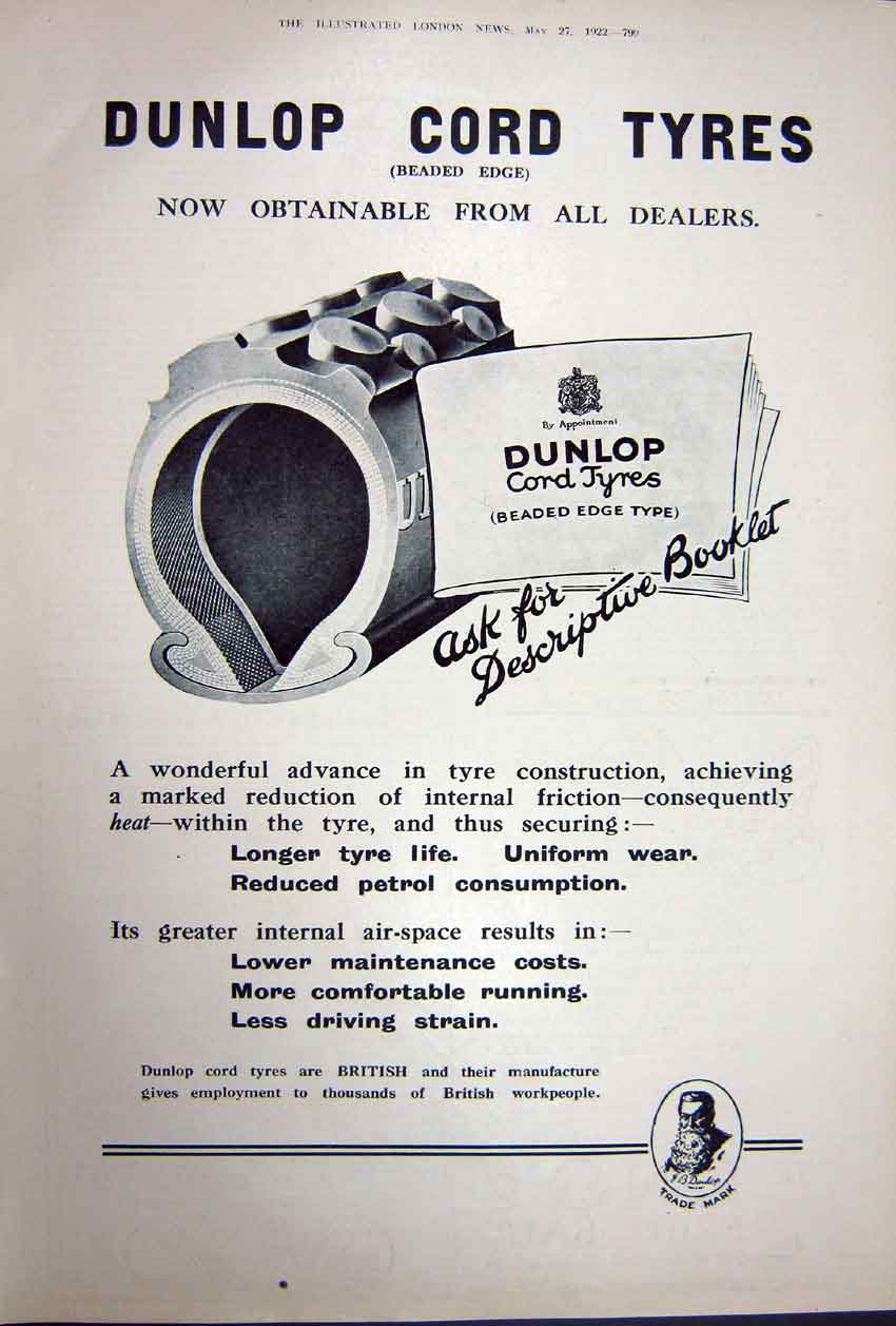 Old Vintage Print Advertisement 1922 Crossley Straker Motor Cars Dunlop 20th
