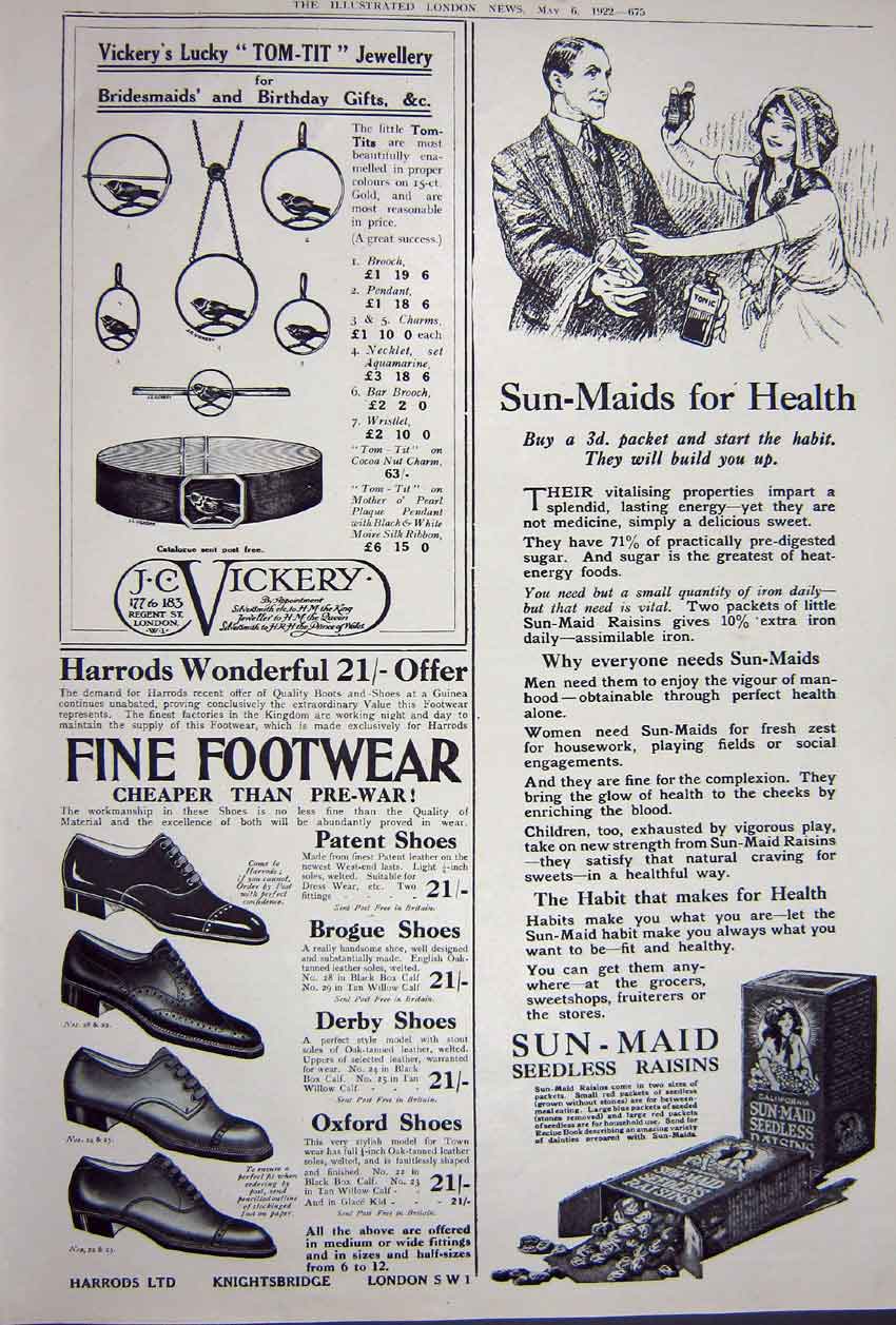 Old Vintage Print Advertisement 1922 Cigarettes Harrods Footwear Raisins 20th