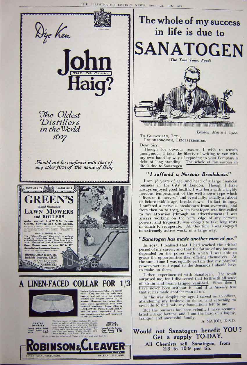Old Vintage Print Advertisement 1922 Scotch Whisky Haig Sanatogen Mower 20th