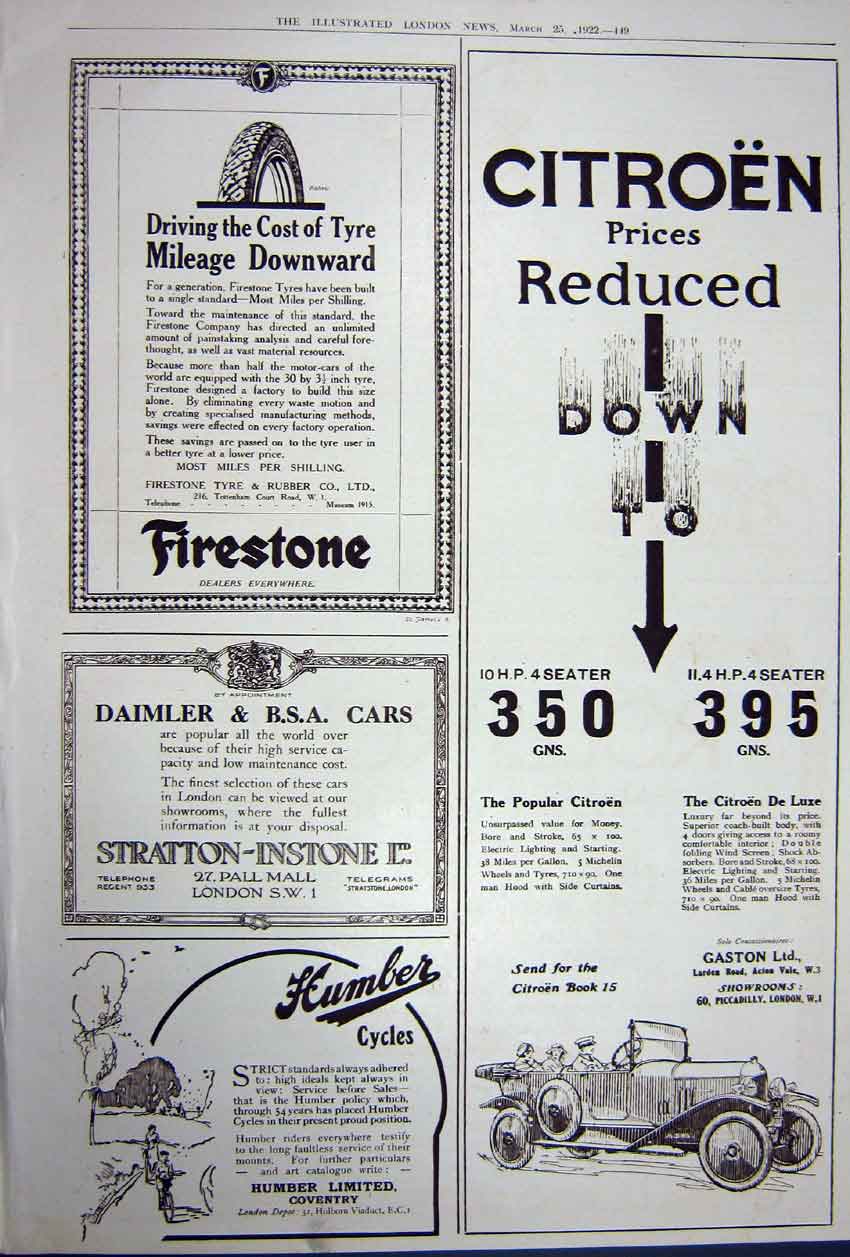Antique Old Print Advertisement 1922 Motor Cycle Car Citroen Daimler Tyre 20th