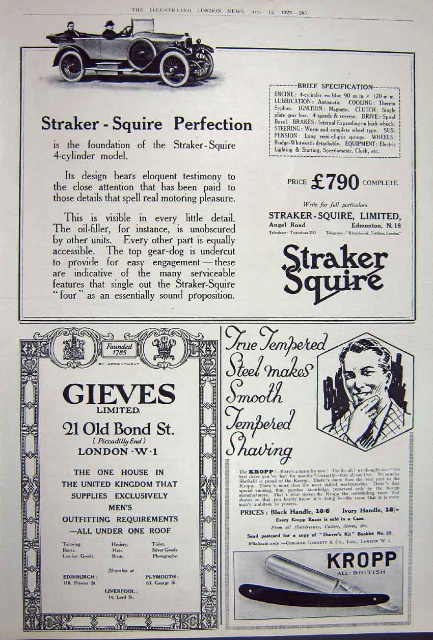 Old Vintage Print Advertisement 1922 Kenilworth Cigarettes Whisky Cars 20th