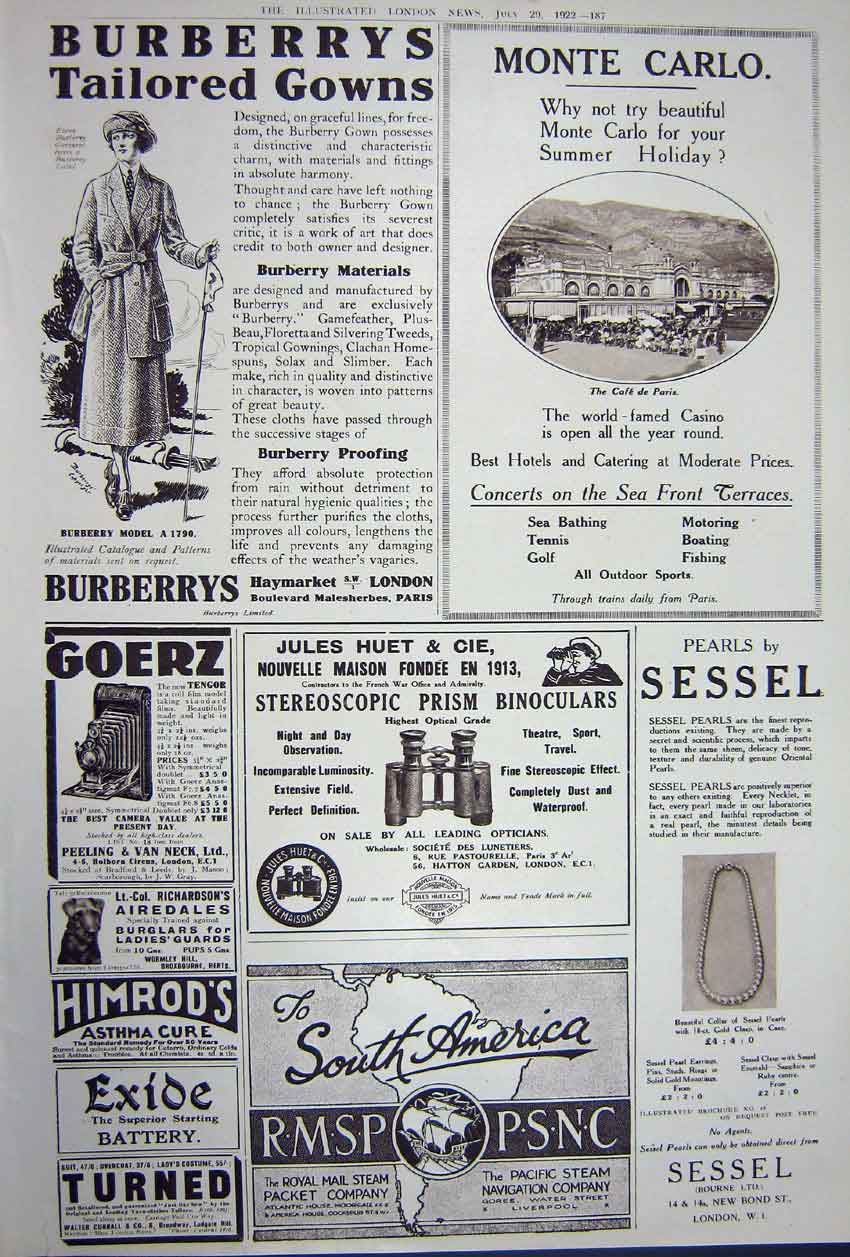 Old Vintage Print Advertisement 1922 Cigarette Burberry Binoculars Carlo 20th