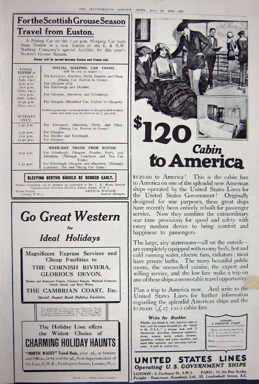 Antique Old Print Advertisement 1922 G.E.R Pen Ship America Holiday Train 20th