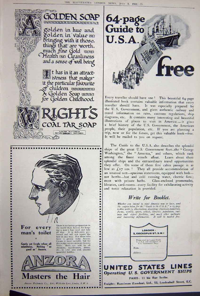 Old Vintage Print Advertisement 1922 Motor Cars Anzora Ships Wright Soap 20th