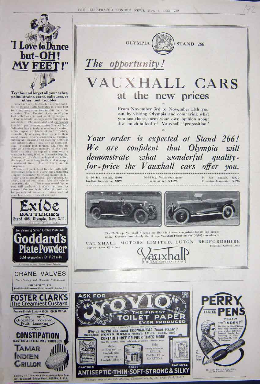 Old Vintage Print Advertisement 1922 Vauxhall Cars Novio Perry Pens Exide 20th