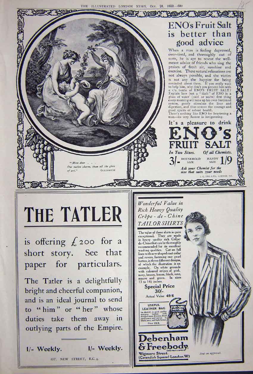 Original Old Vintage Print Advertisement 1922 Eno'S Fruit Salt Debenham Tatler