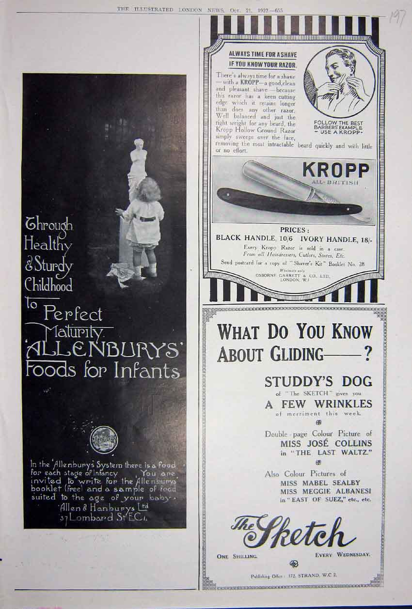 Old Vintage Print Advertisement 1922 Kropp Razor Allenbury'S Food Sketch 20th