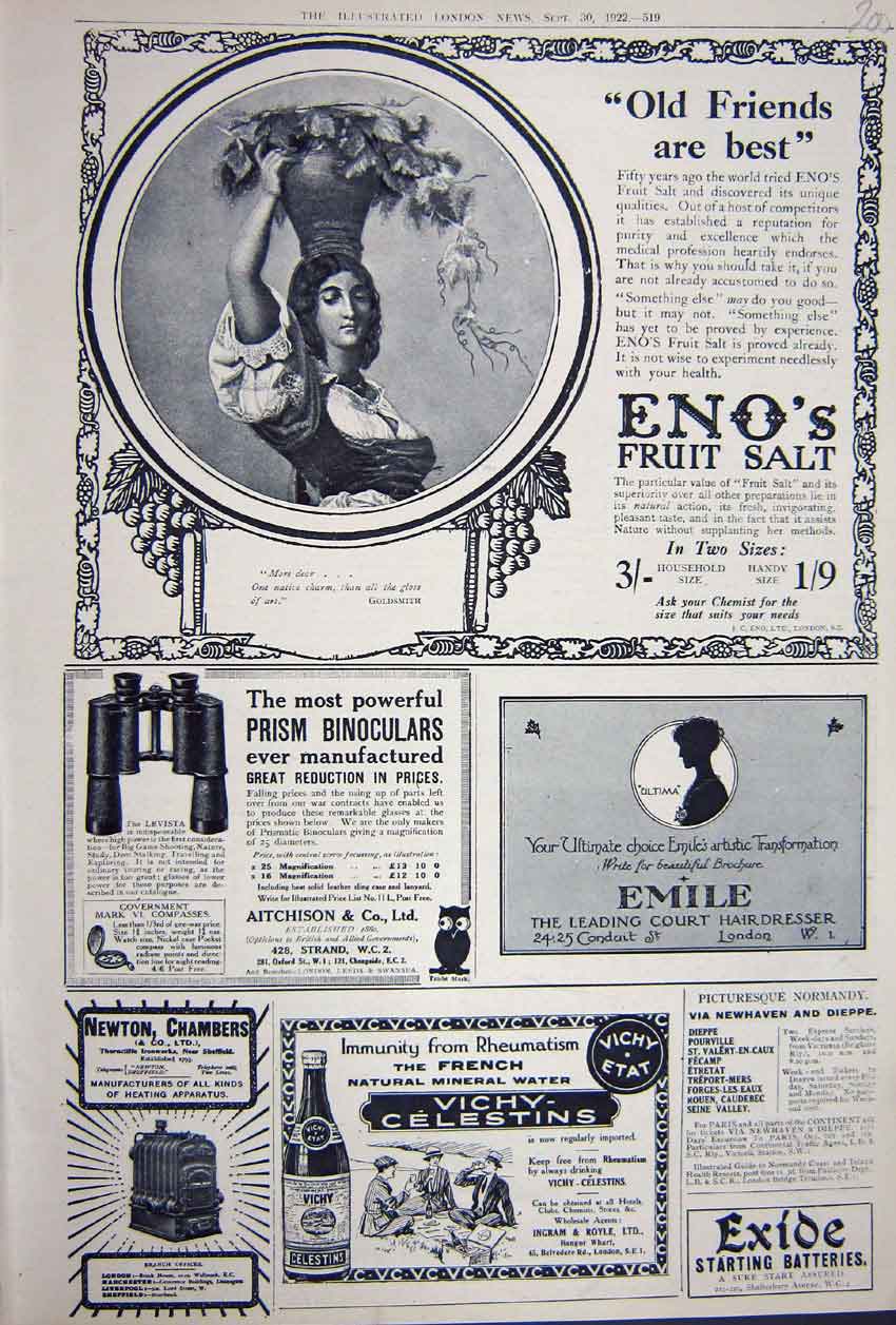 Original Old Vintage Print Advertisement 1922 Eno'S Salt Vichy Water Binoculars