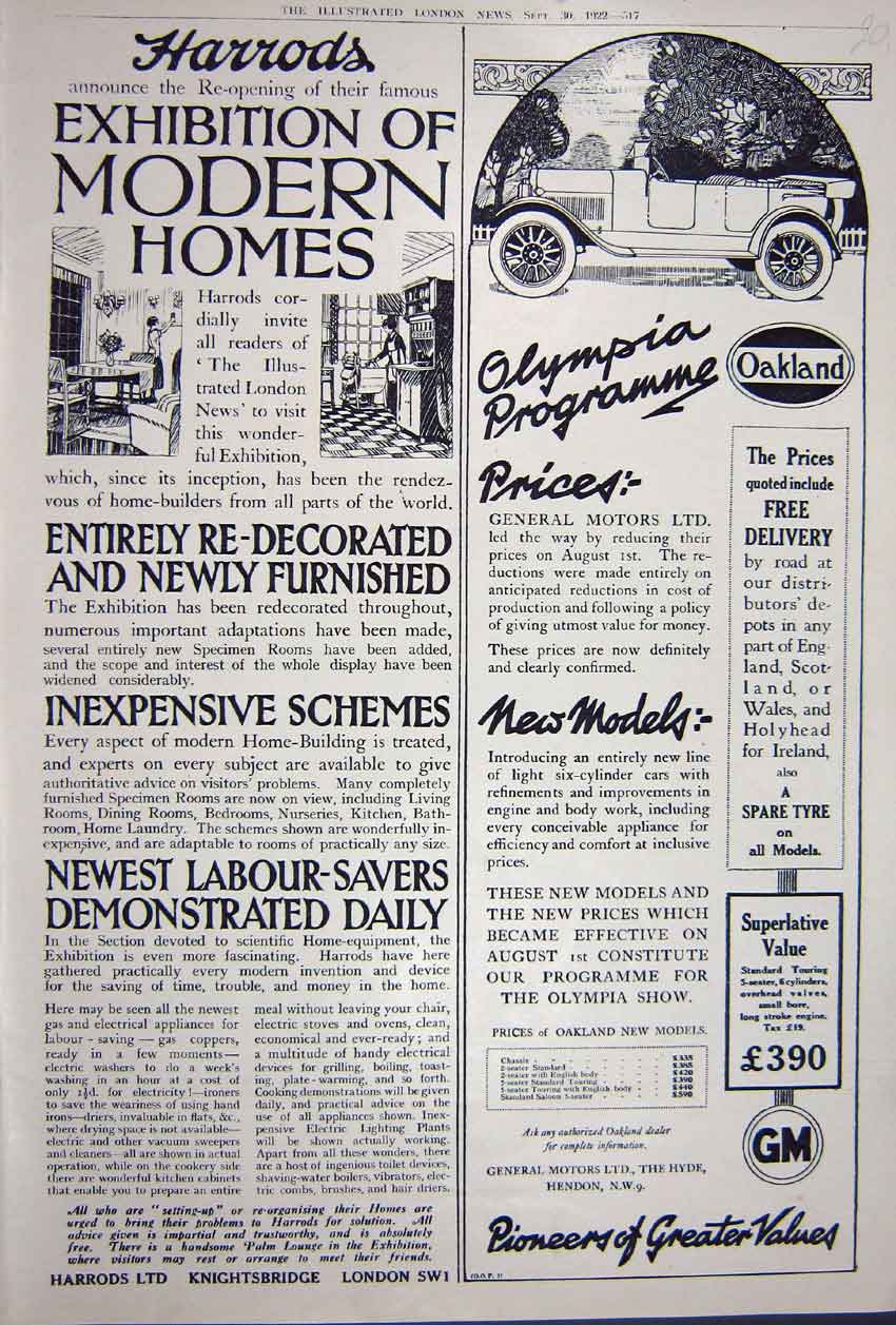Original Old Vintage Print Advertisement 1922 Harrods Homes Oakland Motor Cars