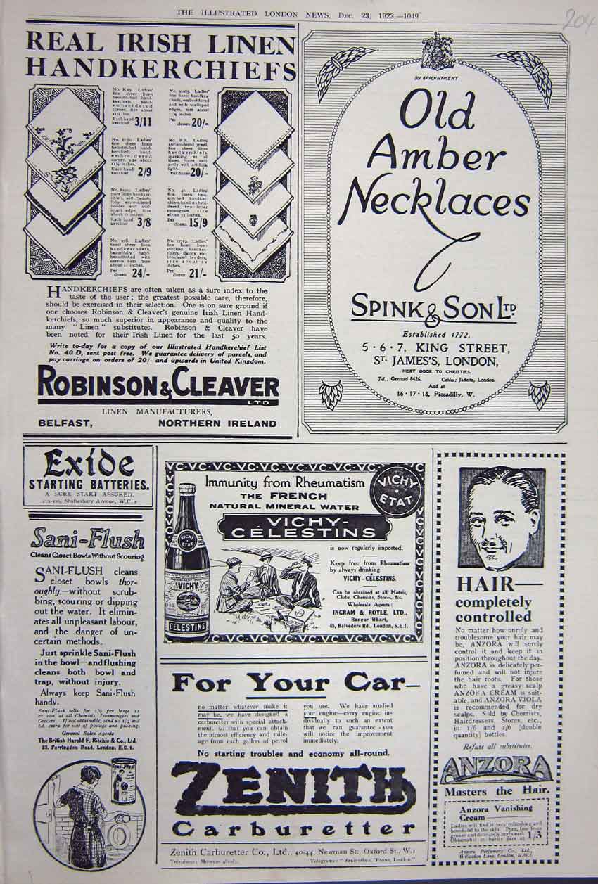Original Old Vintage Print Advertisement 1922 Necklace Zenith Anzora Robinson