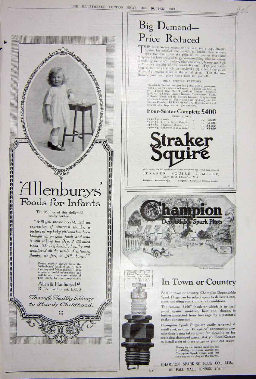 Original Old Vintage Print Advertisement 1922 Allenbury Champion Plugs Straker
