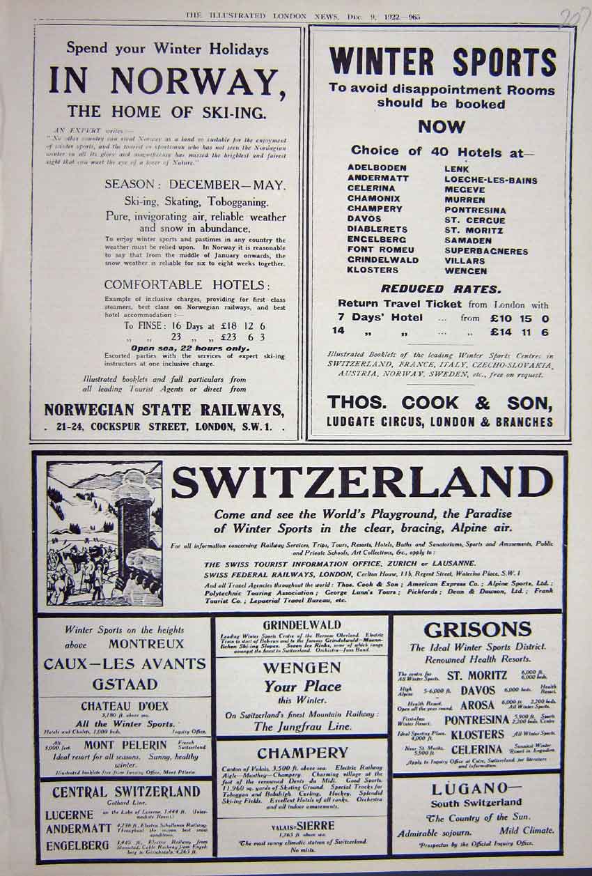 Original Old Vintage Print Advertisement 1922 Holidays Norway Switzerland Cook