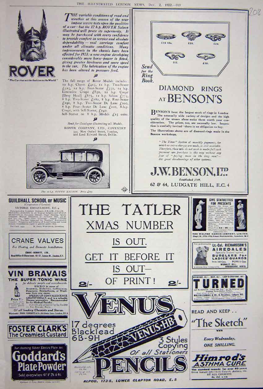Original Old Vintage Print Advertisement 1922 Venus Pencils Rover Benson Rings