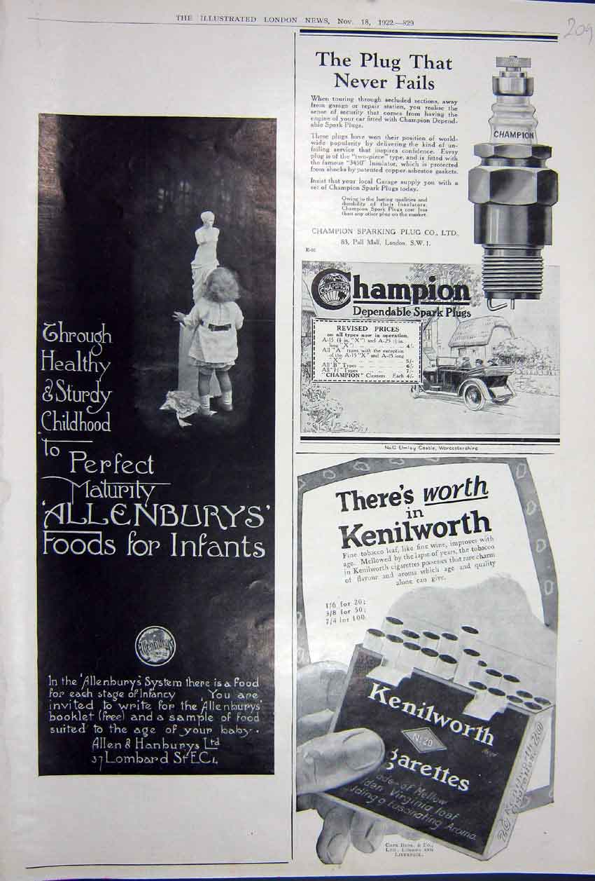 Old Vintage Print Advertisement 1922 Kenilworth Cigarettes Champion Food 20th