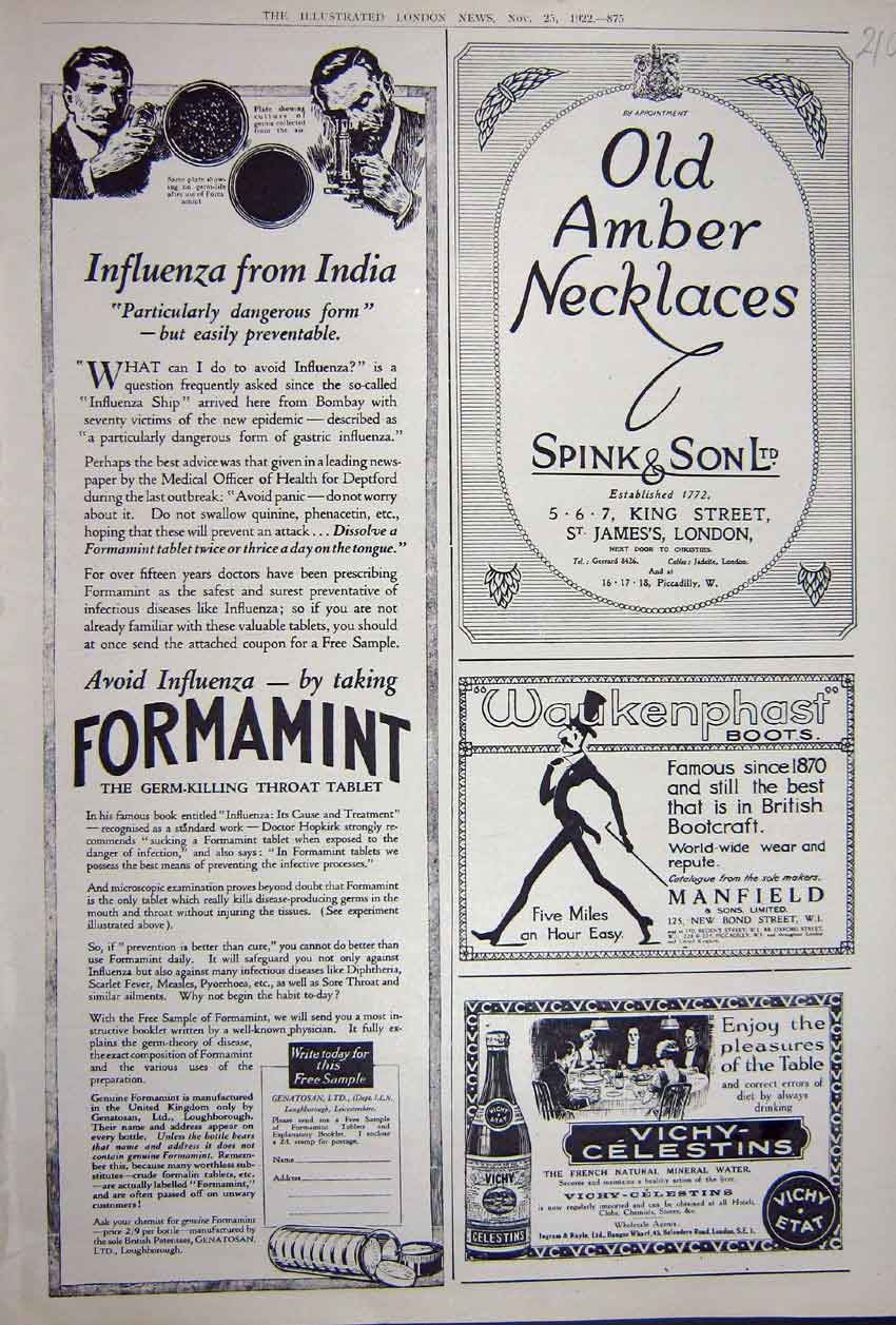 Old Vintage Print Advertisement 1922 Necklace Spink Vichy Water Formamint 20th