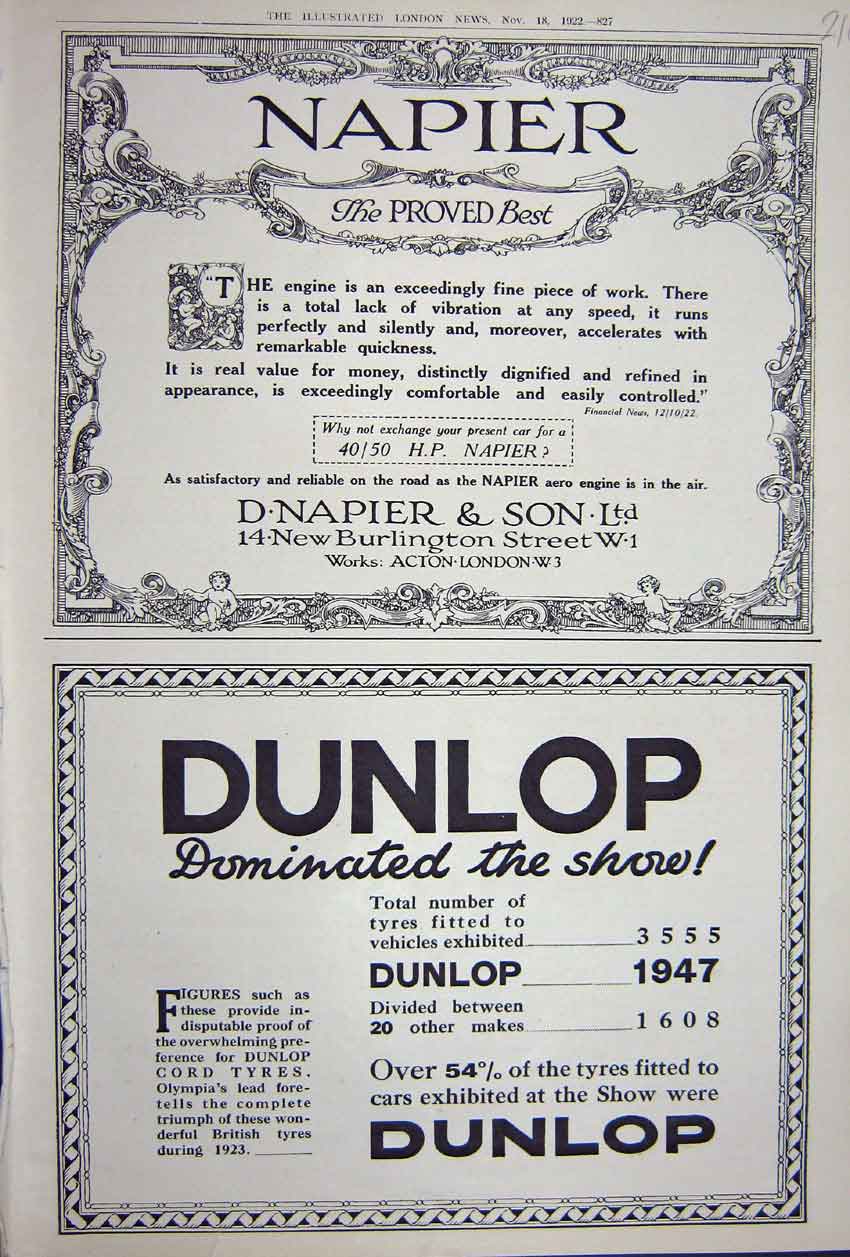 Old Vintage Print Advertisement 1922 Napier Burlington Dunlop Cord Tyres 20th