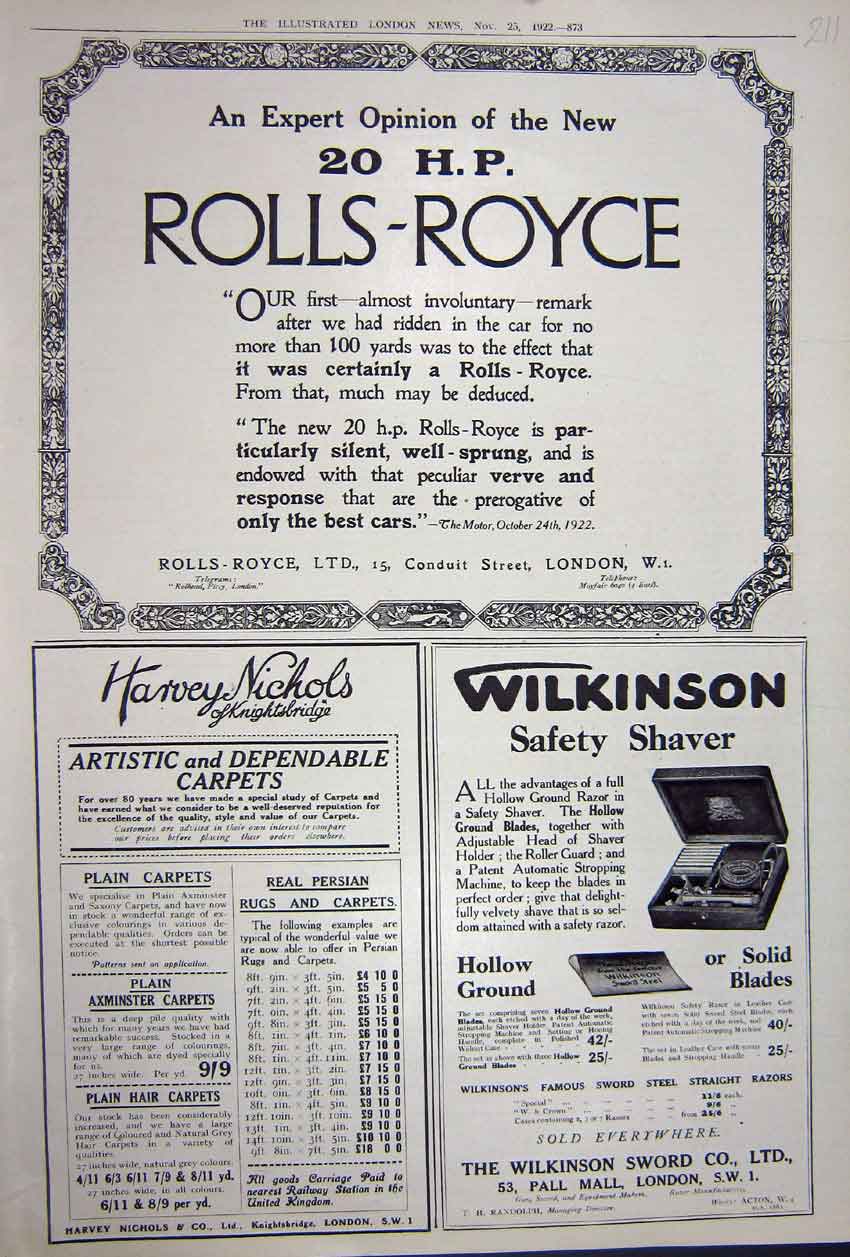 Old Vintage Print Advertisement 1922 Rolls Royce Harvey Nichols Wilkinson 20th
