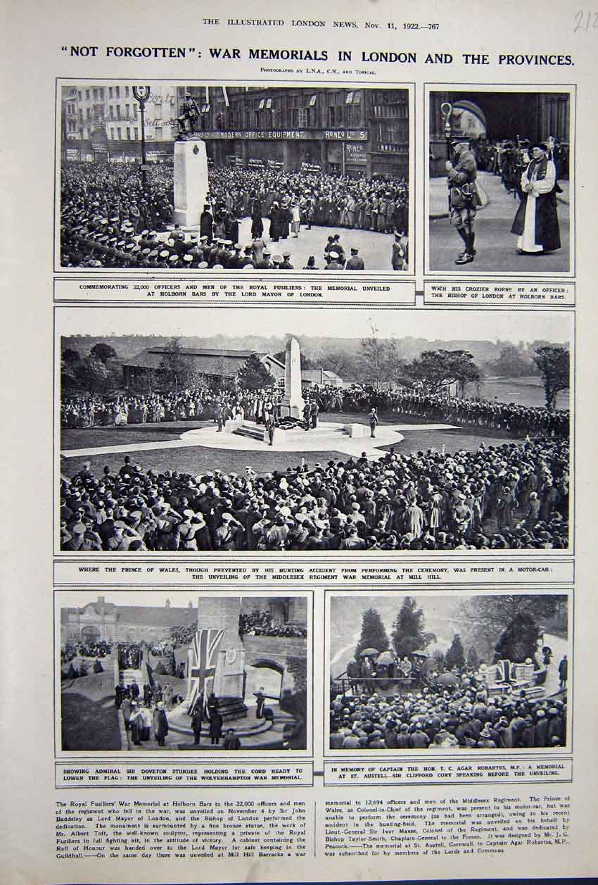 Original Old Vintage Print Advertisement 1922 Ww1 Memorials London Prince Wales