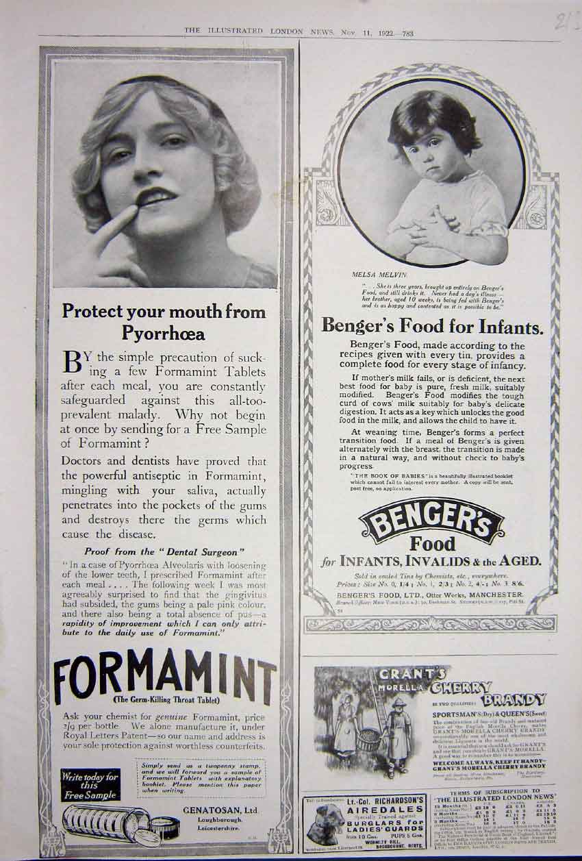 Old Vintage Print Advertisement 1922 Bengers Baby Food Formamint Brandy 20th