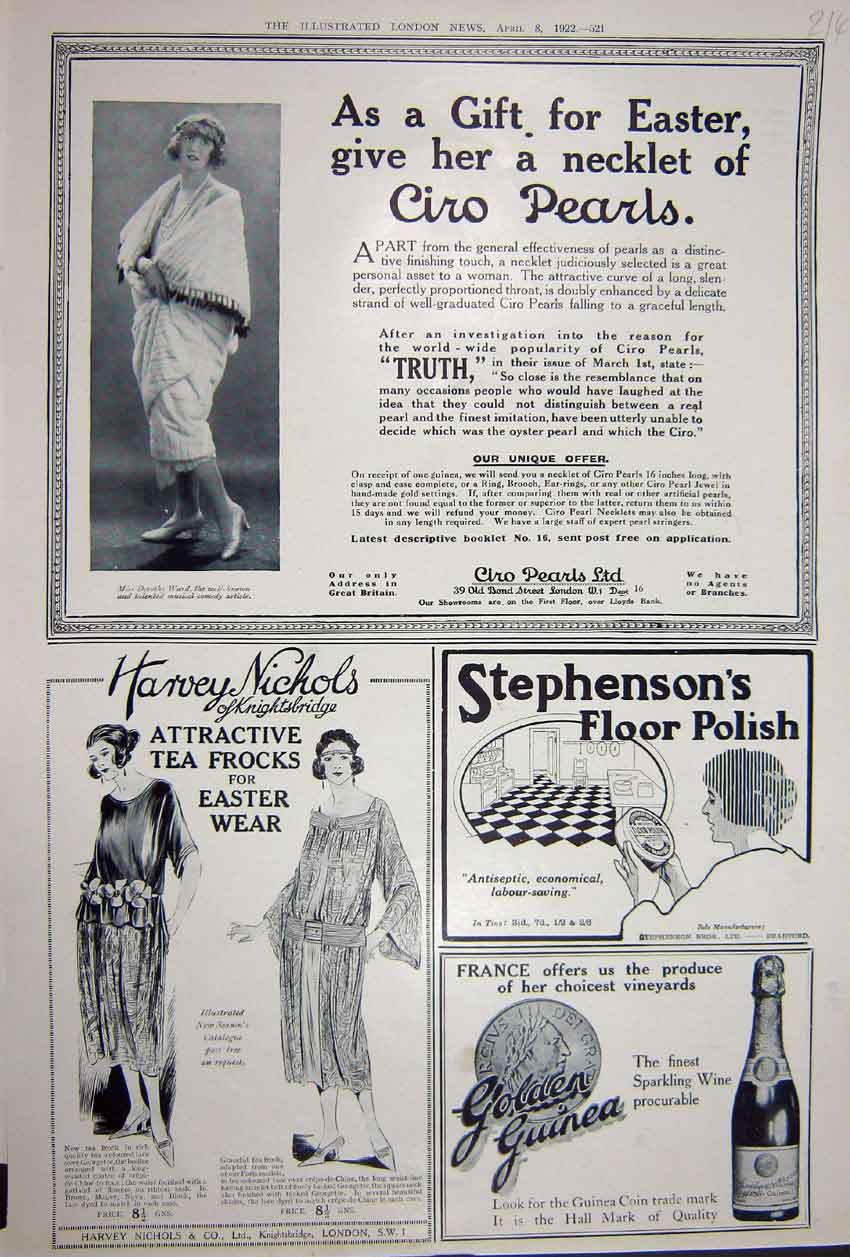 Original Old Vintage Print Advertisement 1922 Ciro Pearls Polish Harvey Nichols