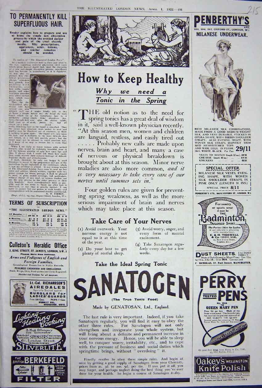 Original Old Vintage Print Advertisement 1922 Sanatogen Underwear Perry Polish