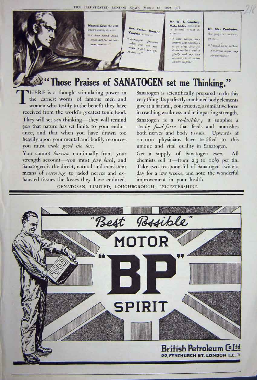 Original Old Vintage Print Advertisement 1922 Bp Motor Oil Petroleum Genatosan