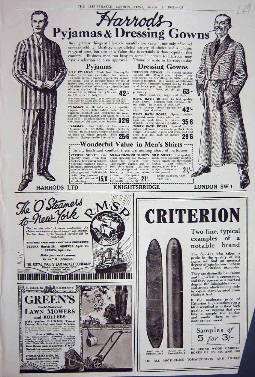Old Vintage Print Advertisement 1922 Harrods Lawn Mowers Criterion Store 20th