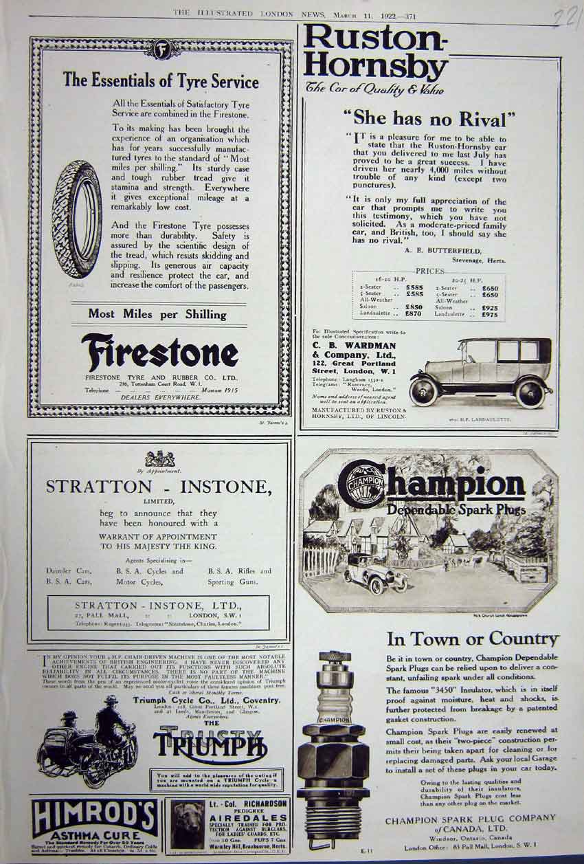 Original Old Vintage Print Advertisement 1922 Firestone Triumph Homrod Champion