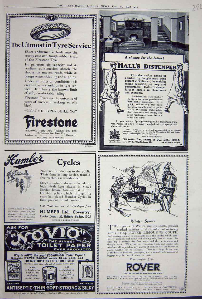 Old Vintage Print Advertisement 1922 Firestone Tyre Novio Distemper Rover 20th