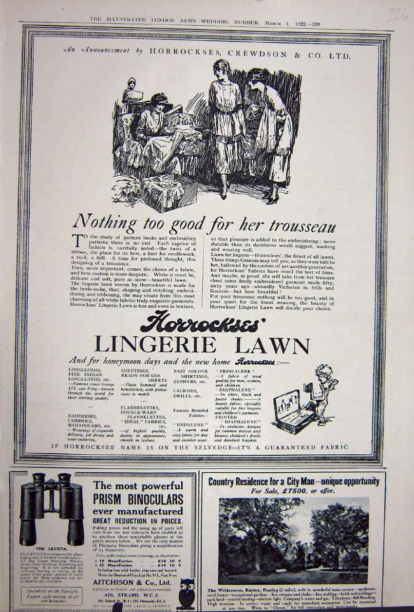 Original Old Vintage Print Advertisement 1922 Horrockses Aitchison Binoculars