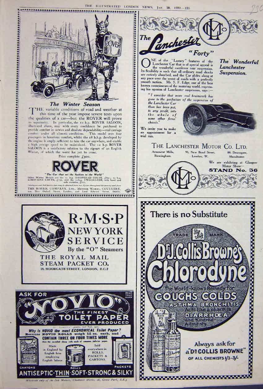 Old Vintage Print Advertisement 1922 Rover Car Lanchester Novio Medicine 20th