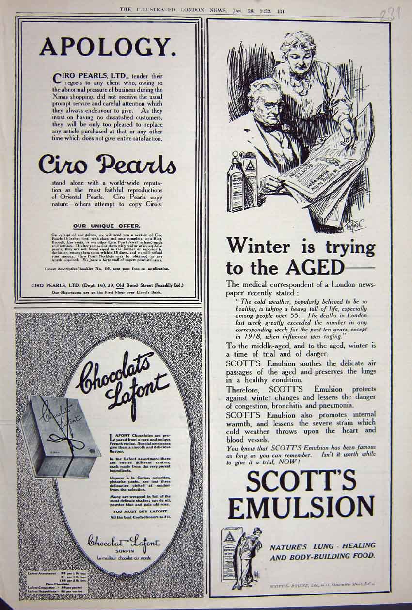 Old Vintage Print Scott'S Emulsion Lafont Advertisement 1922 Ciro Pearls 20th