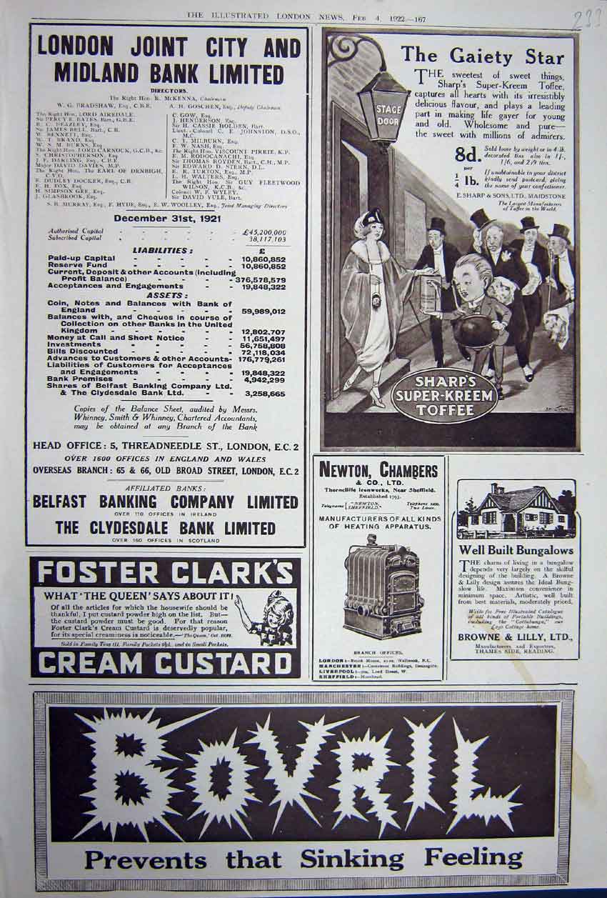 Original Old Vintage Print Advertisement 1922 Bovril Toffee Custard Bungalows