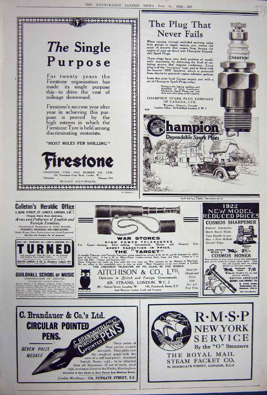 Old Vintage Print Advertisement 1922 Firestone Champion Plugs Steam Ship 20th